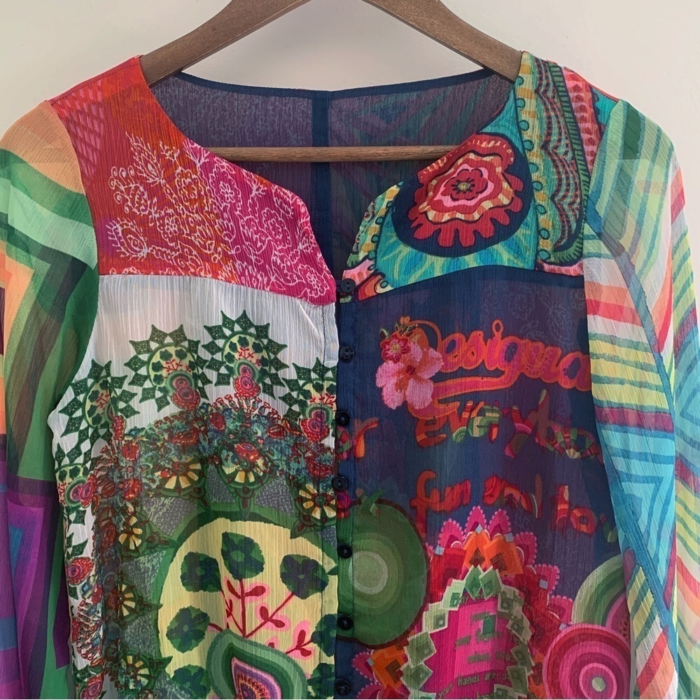 Desigual Vibrant Mixed Print Gauzy Peplum Tunic Blouse XS - Picture 3 of 10